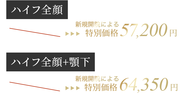 ハイフ全顔 通常88,000円 > 特別価格57,200円 ハイフ全顔+顎下 通常99,000円 > 特別価格64,350円